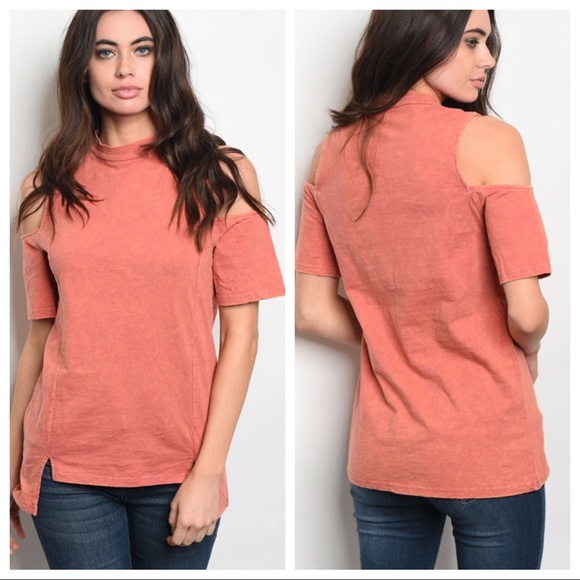 Coral Color Cold Shoulder Top - Picture 8 of 8